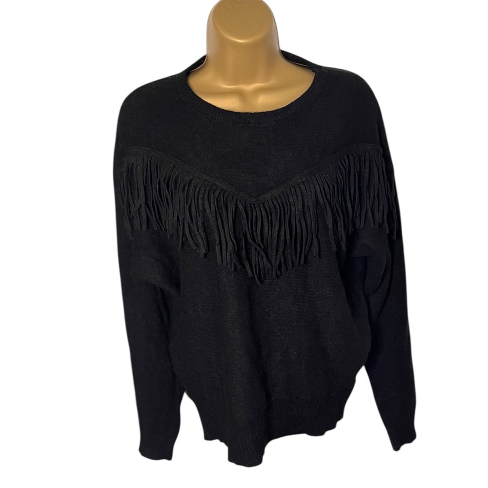 Chelsea & Theodore Fringe Crewneck Sweater Viscose Blend Black L
